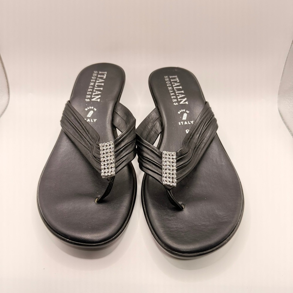 Italian Shoemakers Black Rhinestone Wedge Sandals Thong Slide Made in Italy 9